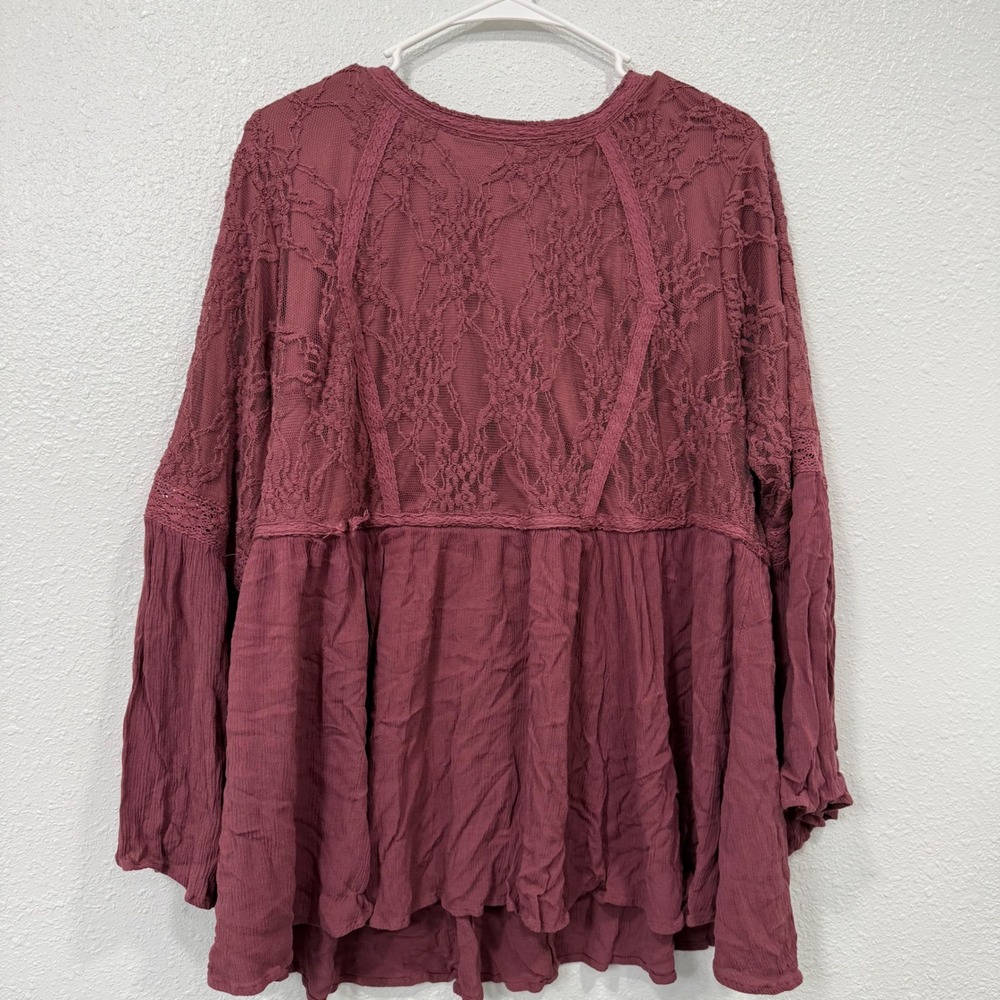 Torrid Wine Burgundy Lace Babydoll Blouse Long Sleeve Gauze Top Size 2